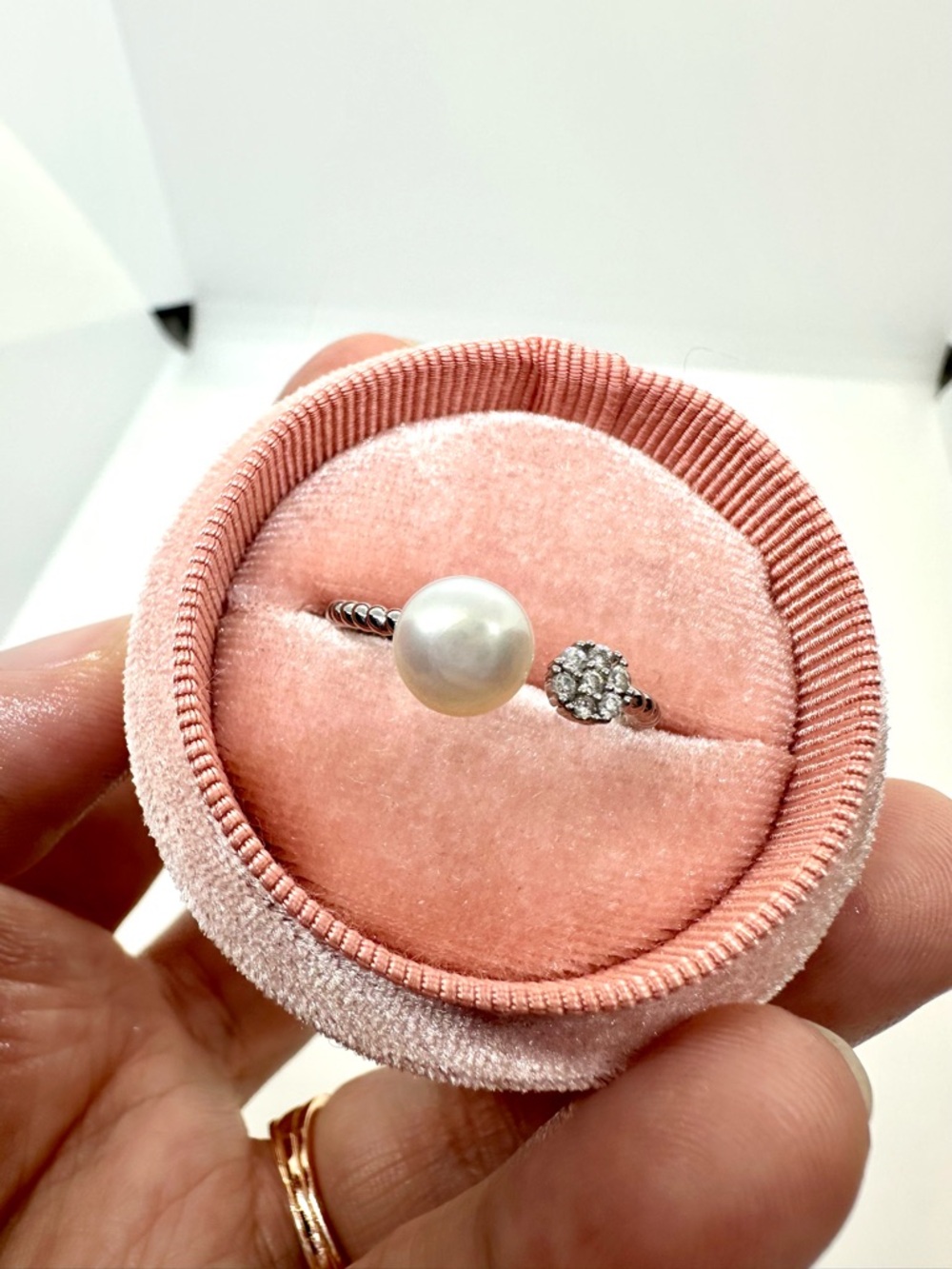 Freshwater Pearl Open Ring Size 7.5 | Beaded Band | Silver Tone CZ Cluster